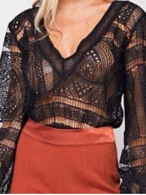 Blue Blush Black Crochet V-Neck Lace Bodysuit